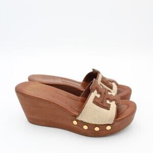 Tory Burch Terri Wedge Sandal Womens Size 5 Brown Canvas Leather Slide Resort